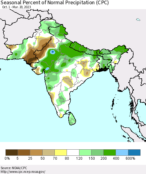 Southern Asia Seasonal Percent of Normal Precipitation (CPC) Thematic Map For 10/1/2022 - 3/20/2023