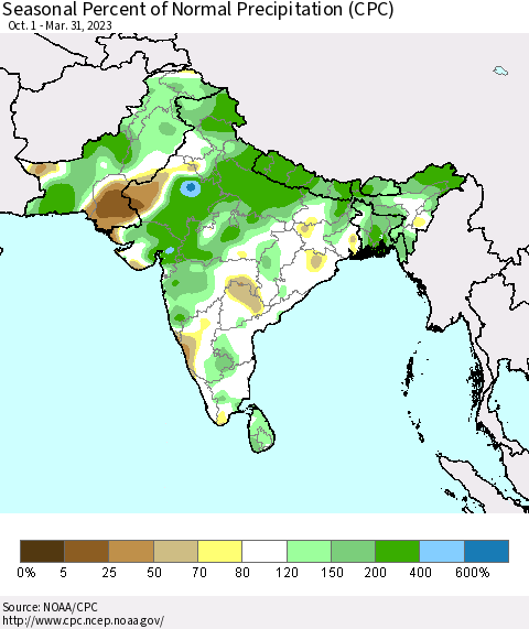 Southern Asia Seasonal Percent of Normal Precipitation (CPC) Thematic Map For 10/1/2022 - 3/31/2023