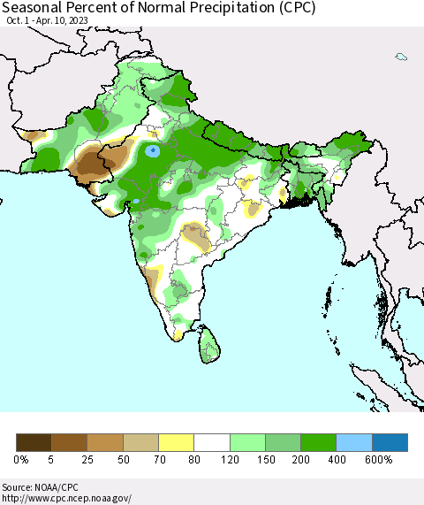 Southern Asia Seasonal Percent of Normal Precipitation (CPC) Thematic Map For 10/1/2022 - 4/10/2023