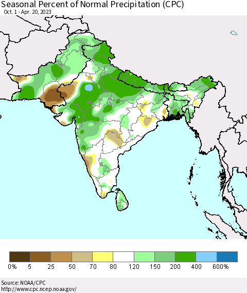 Southern Asia Seasonal Percent of Normal Precipitation (CPC) Thematic Map For 10/1/2022 - 4/20/2023