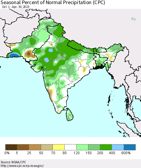 Southern Asia Seasonal Percent of Normal Precipitation (CPC) Thematic Map For 10/1/2022 - 4/30/2023