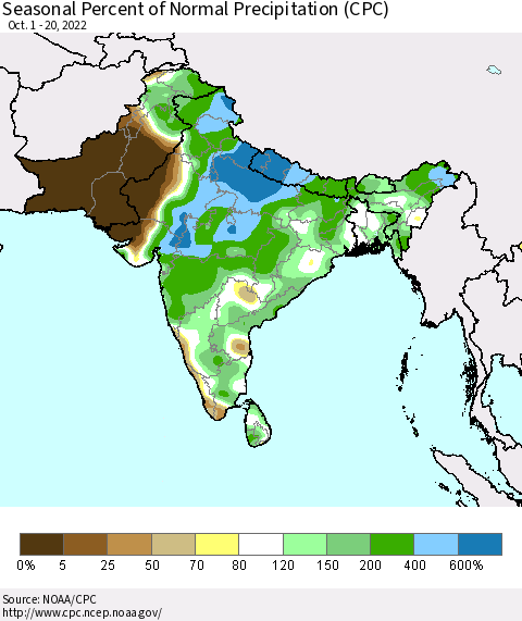 Southern Asia Seasonal Percent of Normal Precipitation (CPC) Thematic Map For 10/1/2022 - 10/20/2022