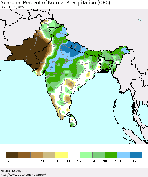 Southern Asia Seasonal Percent of Normal Precipitation (CPC) Thematic Map For 10/1/2022 - 10/31/2022