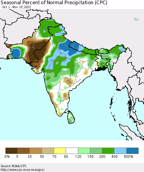 Southern Asia Seasonal Percent of Normal Precipitation (CPC) Thematic Map For 10/1/2022 - 11/10/2022