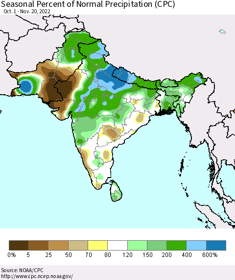 Southern Asia Seasonal Percent of Normal Precipitation (CPC) Thematic Map For 10/1/2022 - 11/20/2022