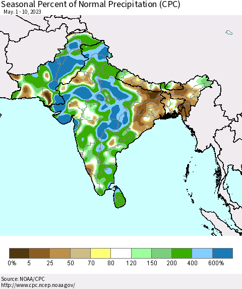 Southern Asia Seasonal Percent of Normal Precipitation (CPC) Thematic Map For 5/1/2023 - 5/10/2023