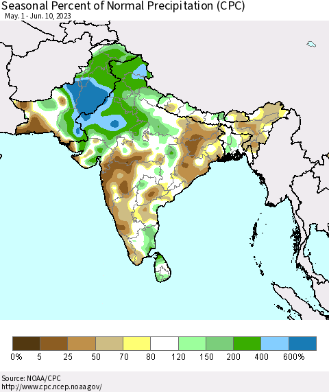 Southern Asia Seasonal Percent of Normal Precipitation (CPC) Thematic Map For 5/1/2023 - 6/10/2023