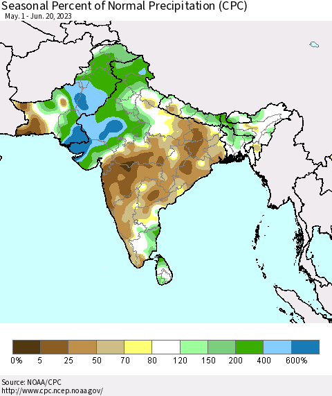 Southern Asia Seasonal Percent of Normal Precipitation (CPC) Thematic Map For 5/1/2023 - 6/20/2023