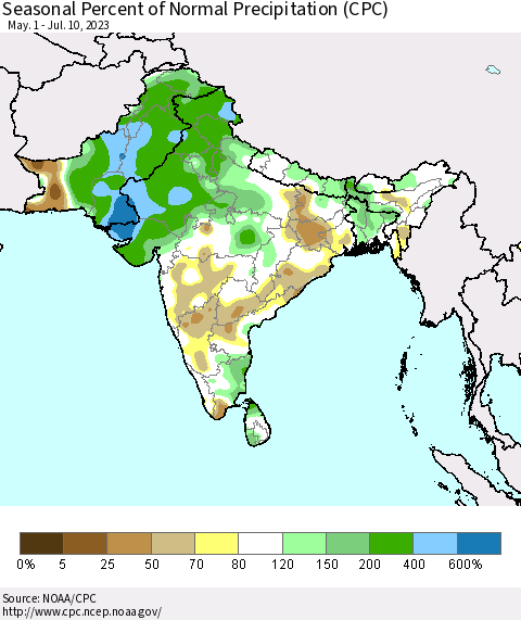 Southern Asia Seasonal Percent of Normal Precipitation (CPC) Thematic Map For 5/1/2023 - 7/10/2023
