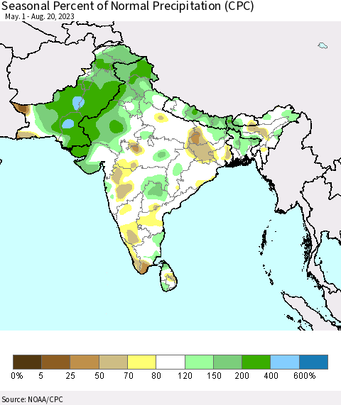 Southern Asia Seasonal Percent of Normal Precipitation (CPC) Thematic Map For 5/1/2023 - 8/20/2023