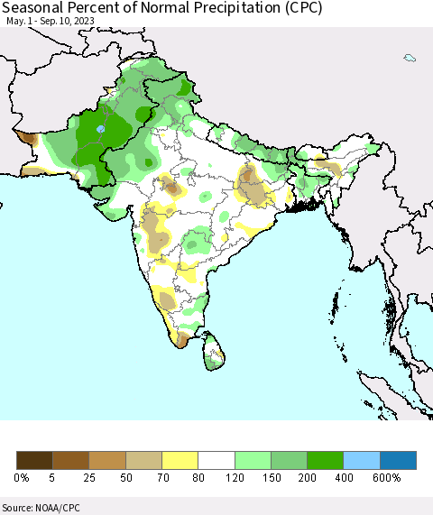 Southern Asia Seasonal Percent of Normal Precipitation (CPC) Thematic Map For 5/1/2023 - 9/10/2023