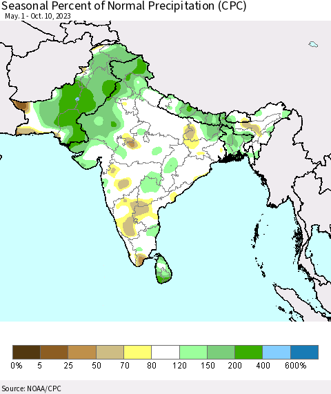 Southern Asia Seasonal Percent of Normal Precipitation (CPC) Thematic Map For 5/1/2023 - 10/10/2023
