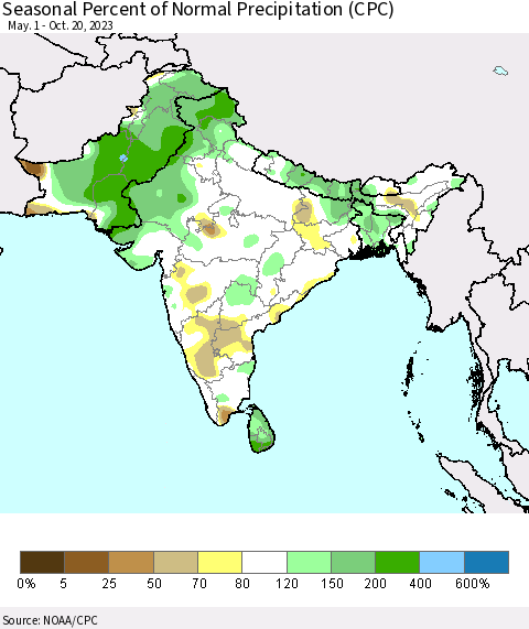 Southern Asia Seasonal Percent of Normal Precipitation (CPC) Thematic Map For 5/1/2023 - 10/20/2023