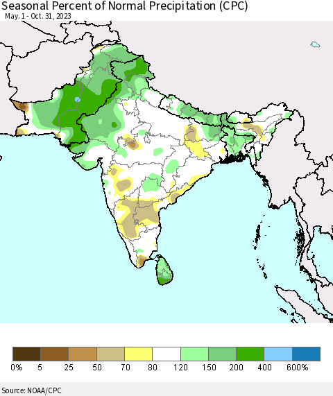 Southern Asia Seasonal Percent of Normal Precipitation (CPC) Thematic Map For 5/1/2023 - 10/31/2023