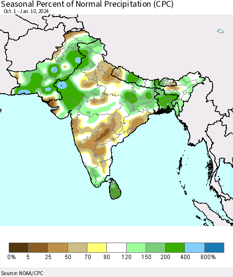 Southern Asia Seasonal Percent of Normal Precipitation (CPC) Thematic Map For 10/1/2023 - 1/10/2024