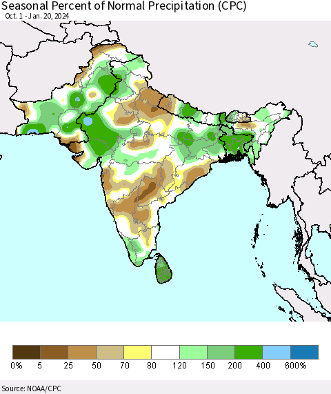 Southern Asia Seasonal Percent of Normal Precipitation (CPC) Thematic Map For 10/1/2023 - 1/20/2024