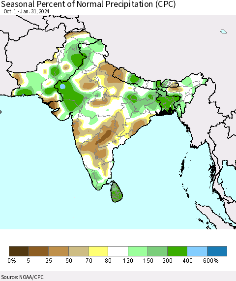 Southern Asia Seasonal Percent of Normal Precipitation (CPC) Thematic Map For 10/1/2023 - 1/31/2024
