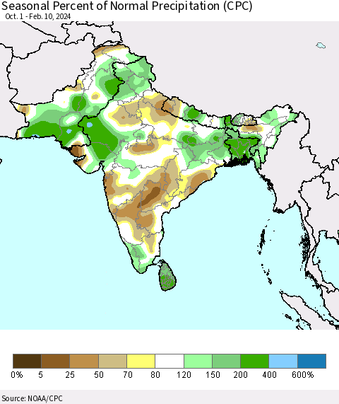 Southern Asia Seasonal Percent of Normal Precipitation (CPC) Thematic Map For 10/1/2023 - 2/10/2024