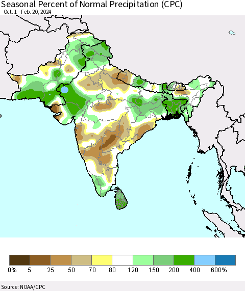 Southern Asia Seasonal Percent of Normal Precipitation (CPC) Thematic Map For 10/1/2023 - 2/20/2024