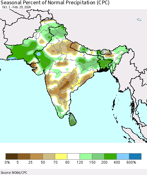 Southern Asia Seasonal Percent of Normal Precipitation (CPC) Thematic Map For 10/1/2023 - 2/29/2024