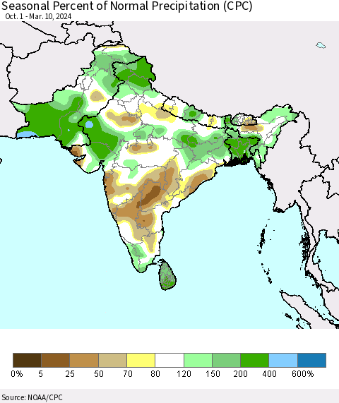 Southern Asia Seasonal Percent of Normal Precipitation (CPC) Thematic Map For 10/1/2023 - 3/10/2024