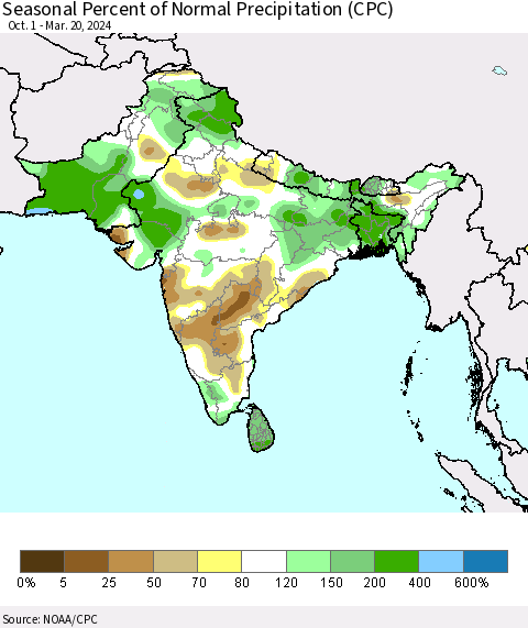 Southern Asia Seasonal Percent of Normal Precipitation (CPC) Thematic Map For 10/1/2023 - 3/20/2024