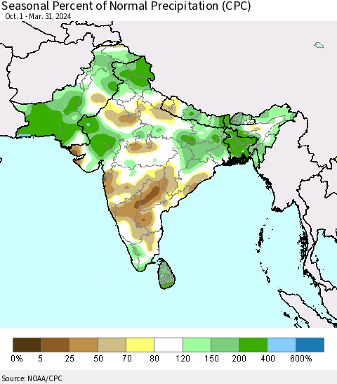 Southern Asia Seasonal Percent of Normal Precipitation (CPC) Thematic Map For 10/1/2023 - 3/31/2024