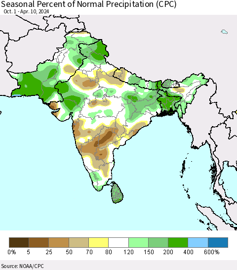 Southern Asia Seasonal Percent of Normal Precipitation (CPC) Thematic Map For 10/1/2023 - 4/10/2024