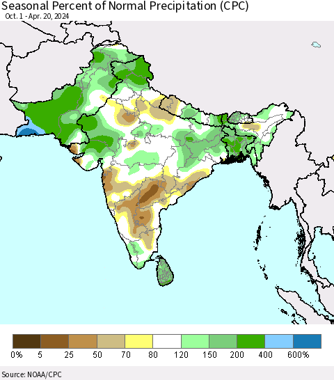Southern Asia Seasonal Percent of Normal Precipitation (CPC) Thematic Map For 10/1/2023 - 4/20/2024