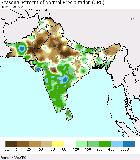 Southern Asia Seasonal Percent of Normal Precipitation (CPC) Thematic Map For 5/1/2024 - 5/20/2024