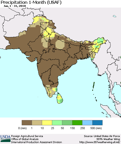Southern Asia Precipitation 1-Month (USAF) Thematic Map For 1/1/2018 - 1/31/2018