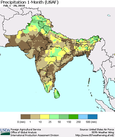 Southern Asia Precipitation 1-Month (USAF) Thematic Map For 2/1/2018 - 2/28/2018