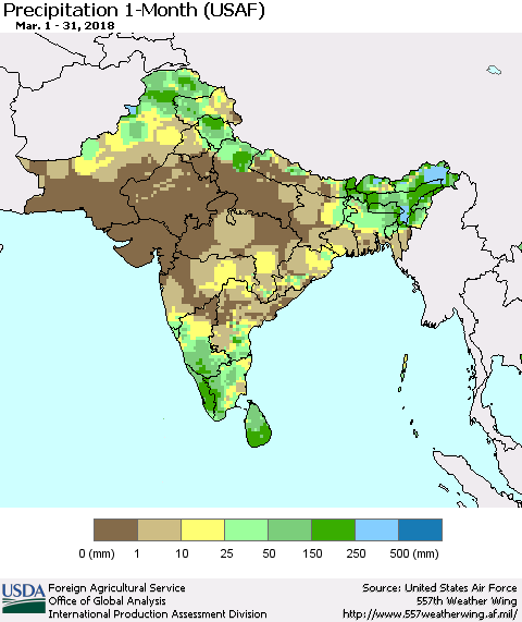 Southern Asia Precipitation 1-Month (USAF) Thematic Map For 3/1/2018 - 3/31/2018