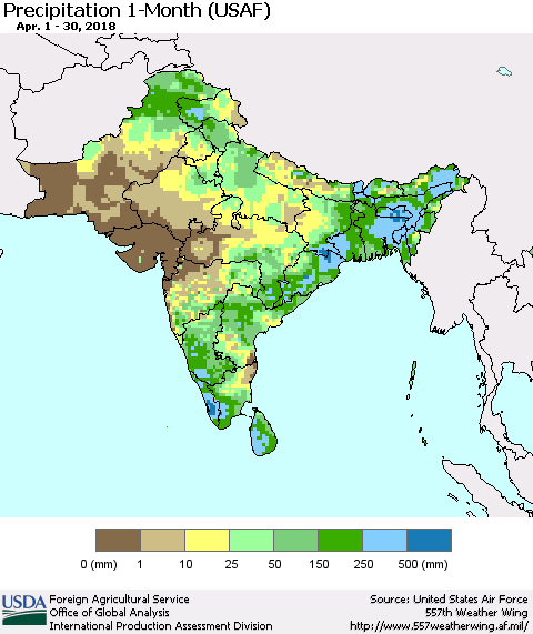 Southern Asia Precipitation 1-Month (USAF) Thematic Map For 4/1/2018 - 4/30/2018