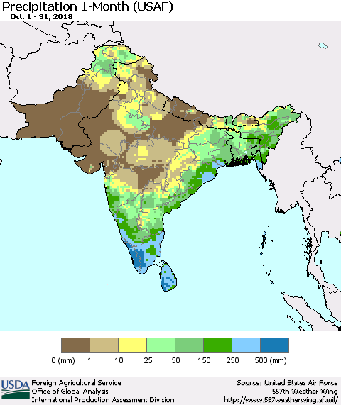 Southern Asia Precipitation 1-Month (USAF) Thematic Map For 10/1/2018 - 10/31/2018