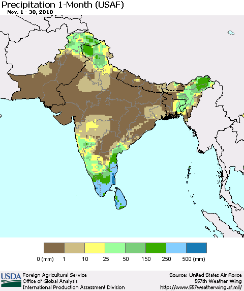 Southern Asia Precipitation 1-Month (USAF) Thematic Map For 11/1/2018 - 11/30/2018