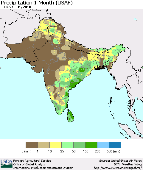 Southern Asia Precipitation 1-Month (USAF) Thematic Map For 12/1/2018 - 12/31/2018