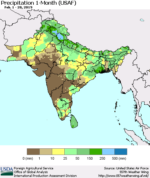 Southern Asia Precipitation 1-Month (USAF) Thematic Map For 2/1/2019 - 2/28/2019