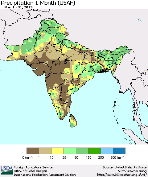 Southern Asia Precipitation 1-Month (USAF) Thematic Map For 3/1/2019 - 3/31/2019