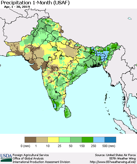 Southern Asia Precipitation 1-Month (USAF) Thematic Map For 4/1/2019 - 4/30/2019