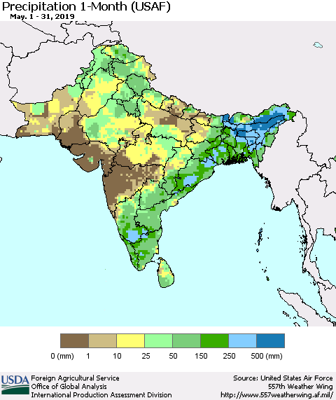 Southern Asia Precipitation 1-Month (USAF) Thematic Map For 5/1/2019 - 5/31/2019