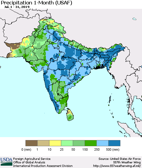 Southern Asia Precipitation 1-Month (USAF) Thematic Map For 7/1/2019 - 7/31/2019