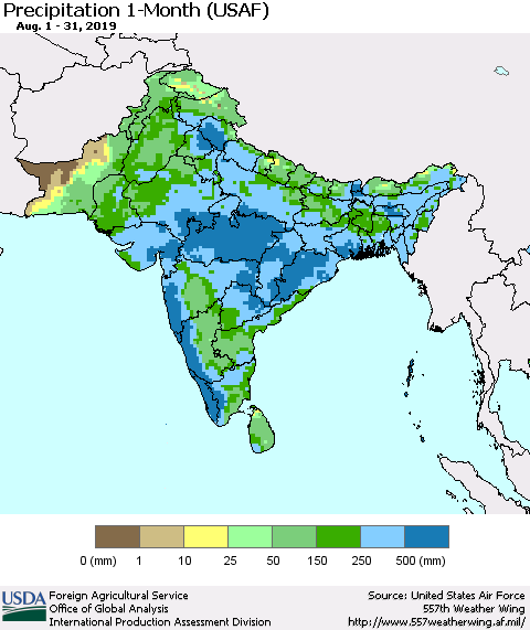 Southern Asia Precipitation 1-Month (USAF) Thematic Map For 8/1/2019 - 8/31/2019