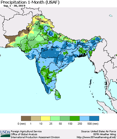 Southern Asia Precipitation 1-Month (USAF) Thematic Map For 9/1/2019 - 9/30/2019