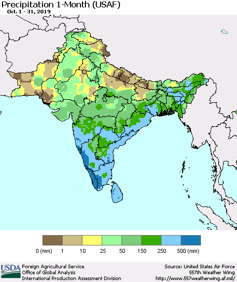 Southern Asia Precipitation 1-Month (USAF) Thematic Map For 10/1/2019 - 10/31/2019