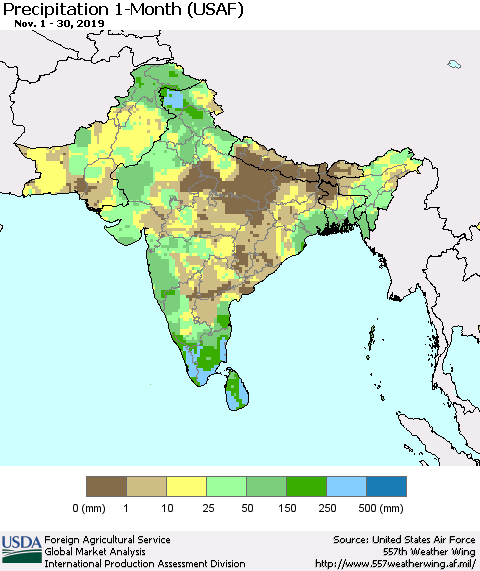 Southern Asia Precipitation 1-Month (USAF) Thematic Map For 11/1/2019 - 11/30/2019