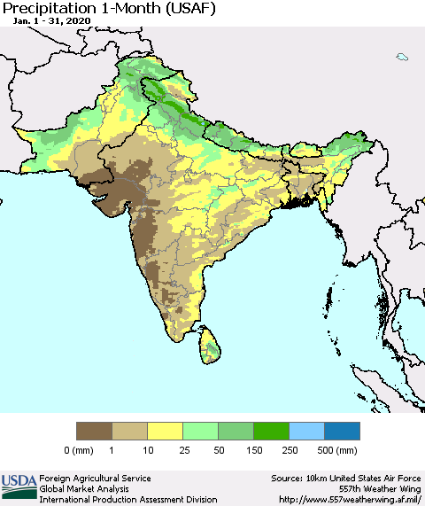 Southern Asia Precipitation 1-Month (USAF) Thematic Map For 1/1/2020 - 1/31/2020