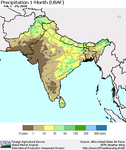 Southern Asia Precipitation 1-Month (USAF) Thematic Map For 2/1/2020 - 2/29/2020