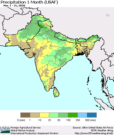 Southern Asia Precipitation 1-Month (USAF) Thematic Map For 3/1/2020 - 3/31/2020