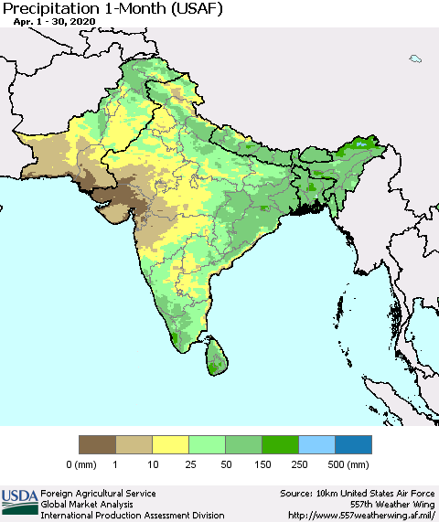 Southern Asia Precipitation 1-Month (USAF) Thematic Map For 4/1/2020 - 4/30/2020